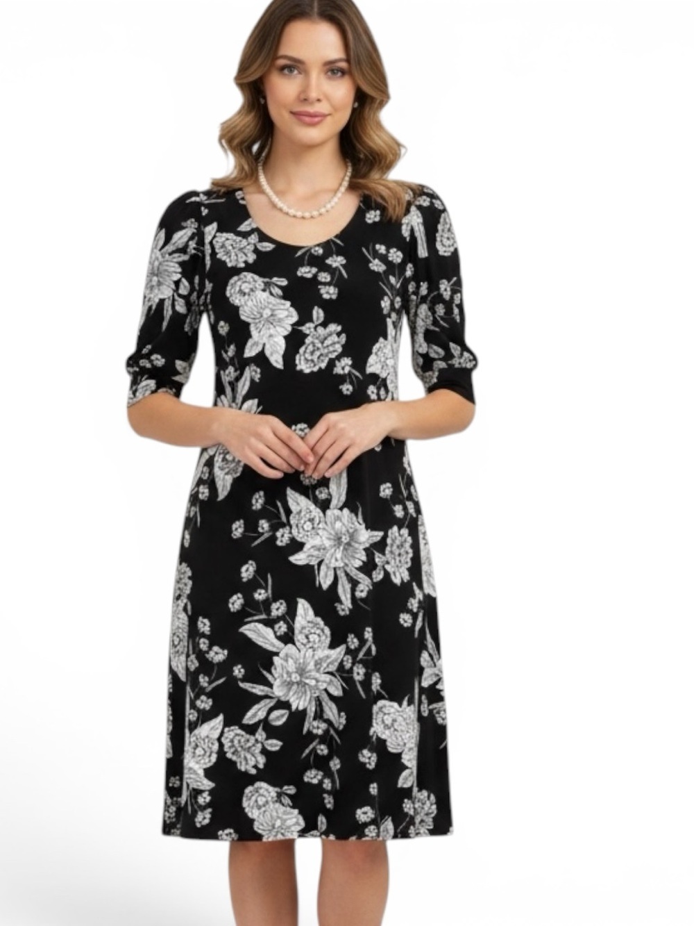 MSK Textured white puffy flowers with 1/2 puff sleeve floral midi dress  | EUC